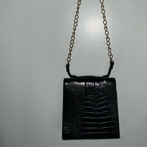 Black Crocodile Leather Squared Purse with Gold Link Chain